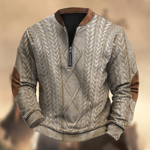 Men's Vintage Country Western Cashmere Wool Print Zipper Stand Collar Casual Sweatshirt