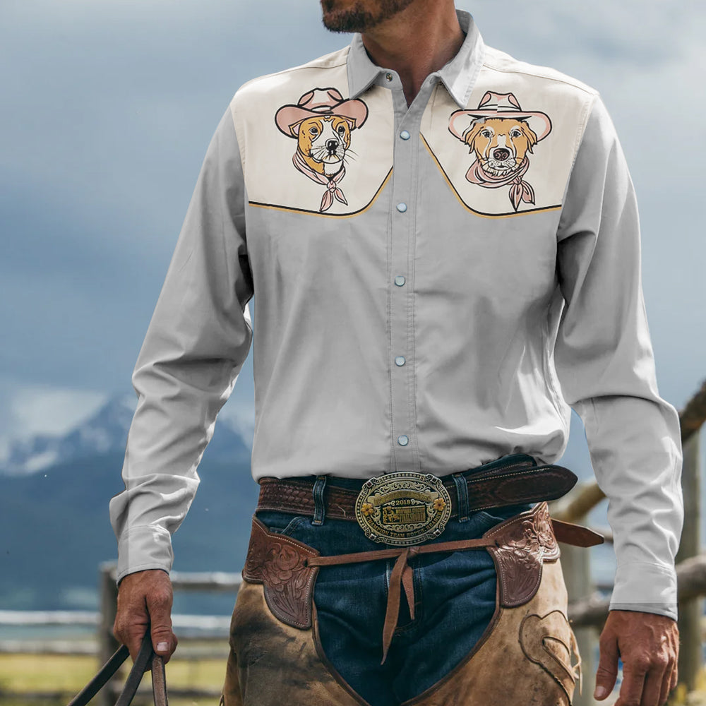 Men's Vintage Western Cowboy Dog Long Sleeve Shirt