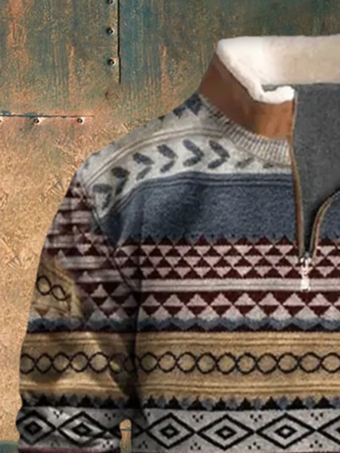 Men's Western Vintage Print Plush Stand Collar Zip Sweatshirt