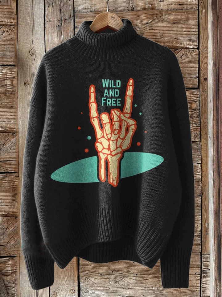 Vintage Print Knit Turtleneck Pullover Sweater