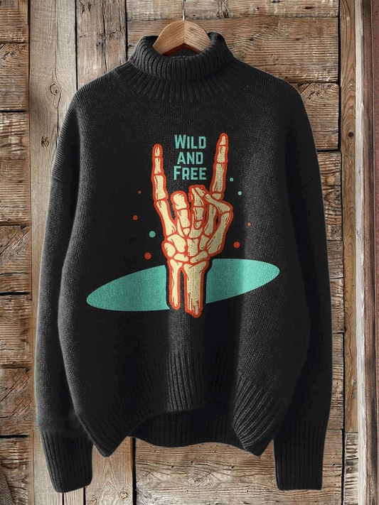 Vintage Print Knit Turtleneck Pullover Sweater