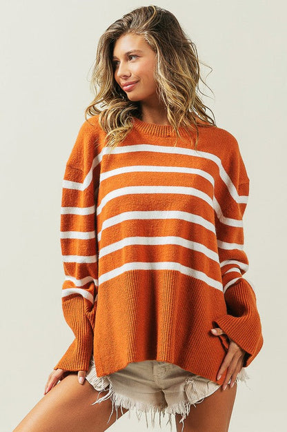 Ribbed Hem Stripe Sweater Rust or Black