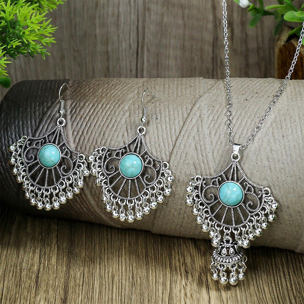 Female Bohemian Tassel Pendant Diamond Earrings Necklace Suit