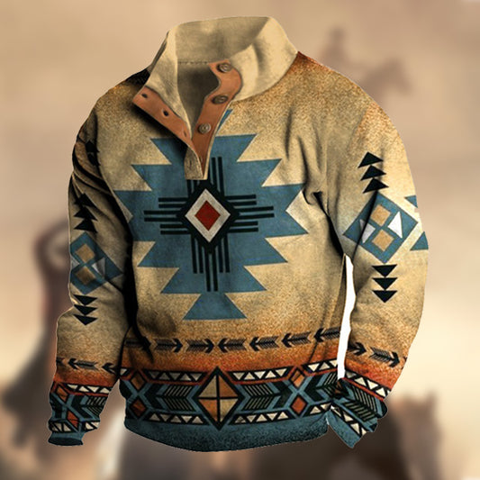 Men's Western Ethnic Print Casual Henley Stand Collar Sweatshirt