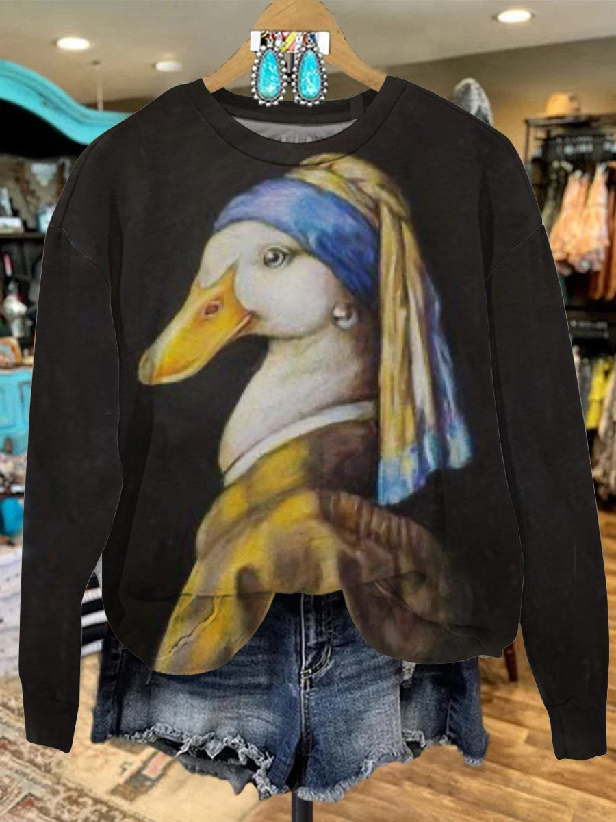 Vintage Duck with Pearl Earrings Print Casual Sweatshirt