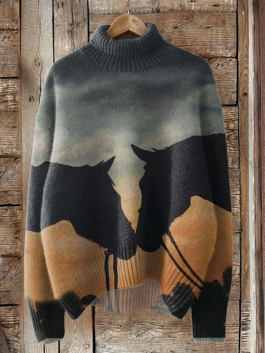 Vintage Print Knit Turtleneck Pullover Sweater