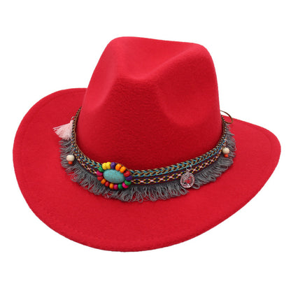 Men's Vintage Western Ethnic Tassels Cowboy Hat Knight Woolen British Felt Hat