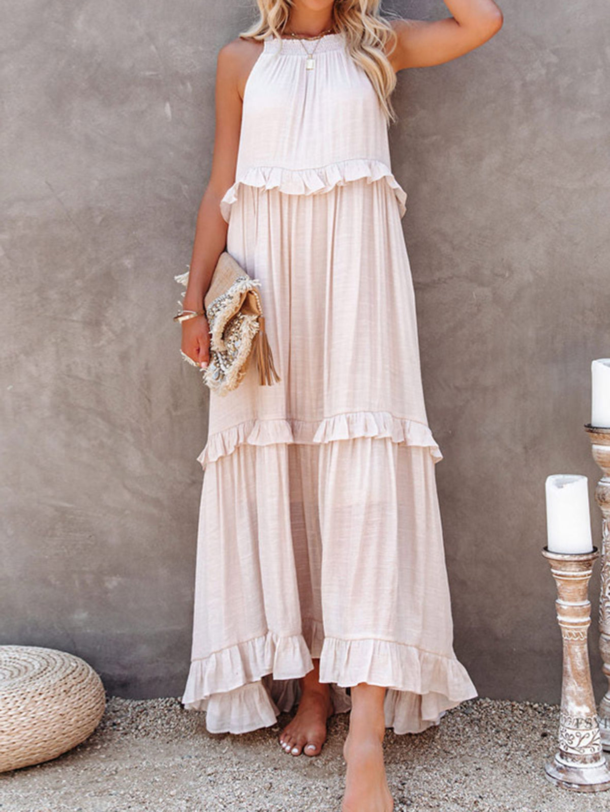 Casual Plain Ruffle Trim Smocking Sleeveless Maxi Dress