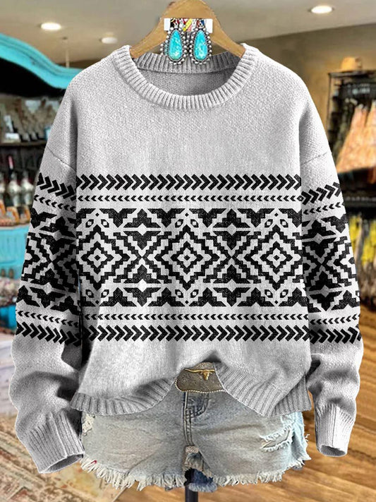 Aztac Print Knit Pullover Sweater