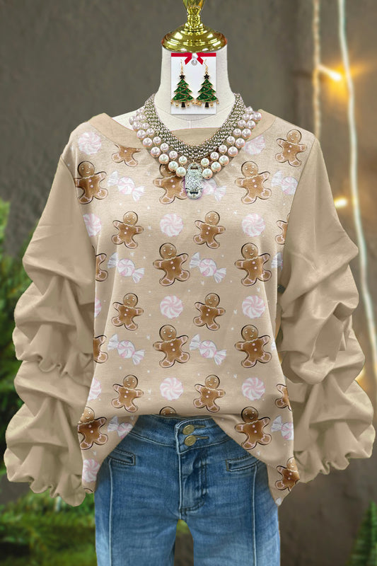 Cute Christmas Gingerbread Man Printed Pleated Sweatshirt