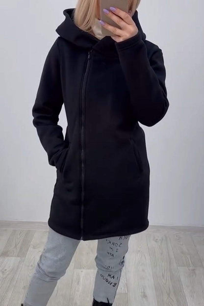 Women's Casual Solid Color Zipper Hooded Cardigan