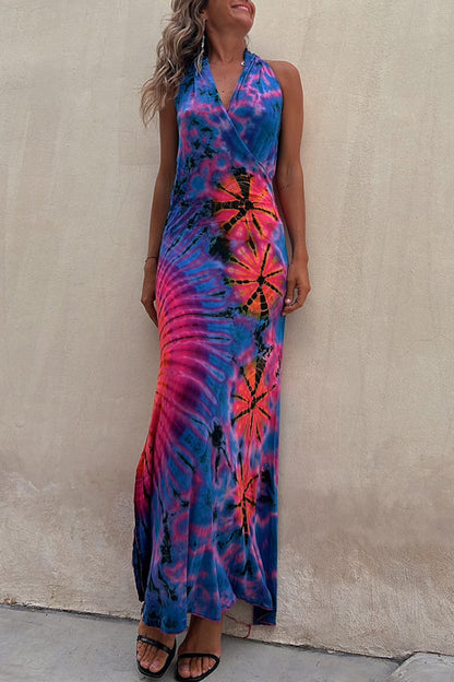 Krista Tie-dye Print Halter Backless Stretch Maxi Dress