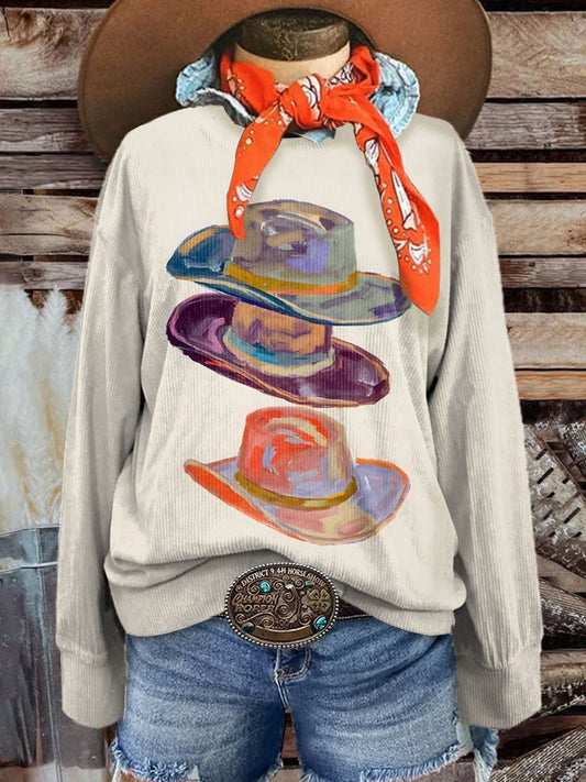 Women's Vintage Western Casual Print Corduroy Sweatshirt