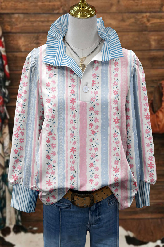 Sweet Floral Print Striped Blouse