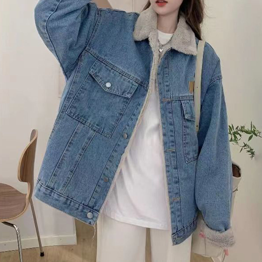 Thickened Fleece Denim Jacket Loose Lambswool