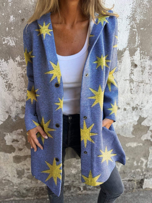 Star Print Casual Long Sleeve Button Hooded Jacket