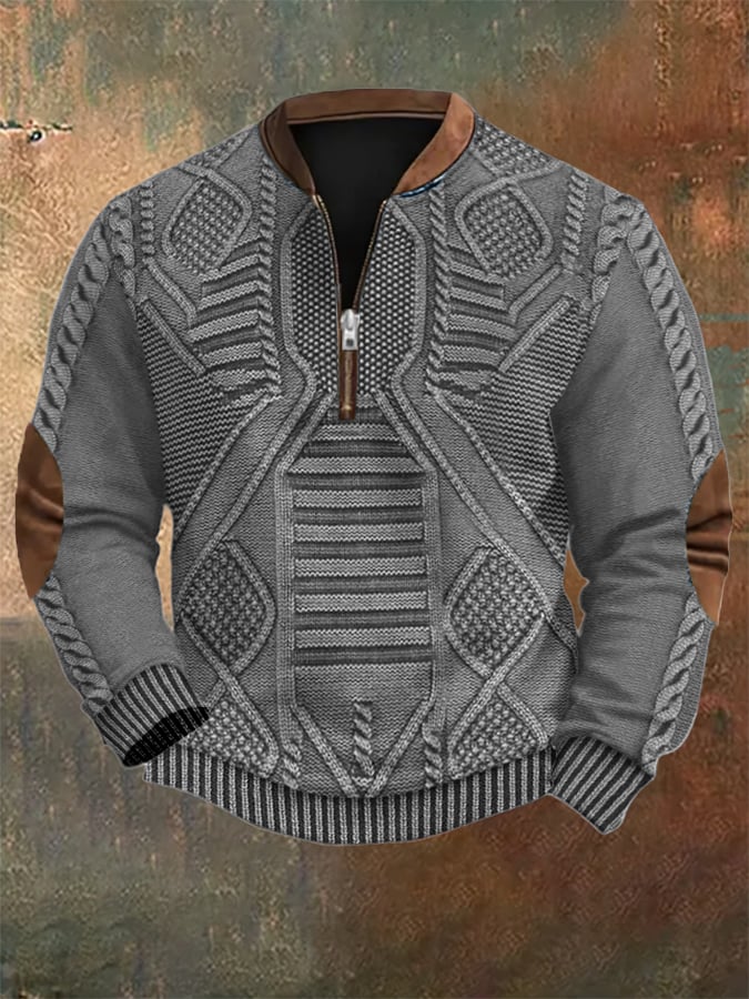 Men's Vintage Knit Print Zip-Up Sweatshirt