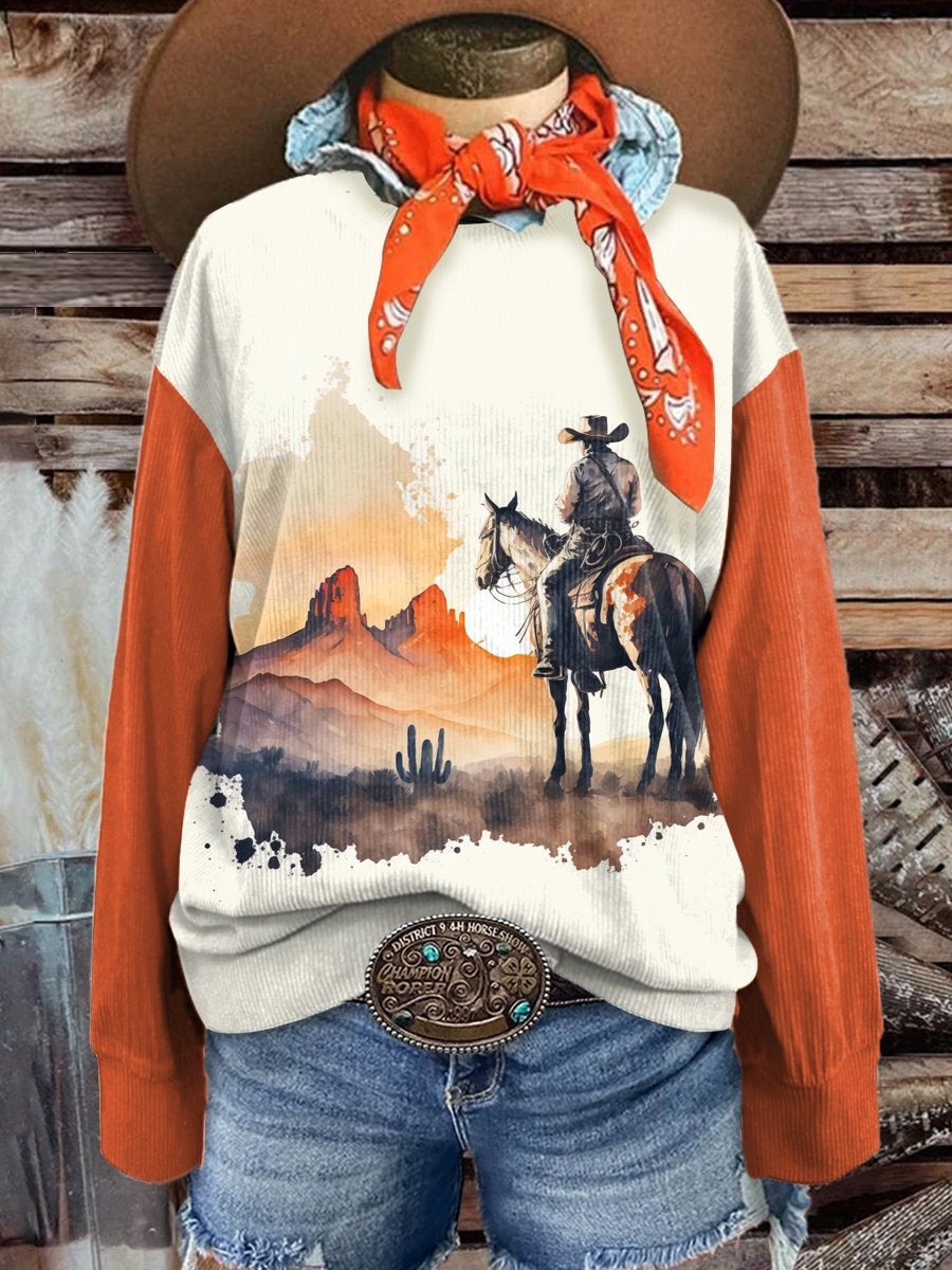 Women's Fashion Wild Cowboy Art Print Casual Print Corduroy Sweatshirt