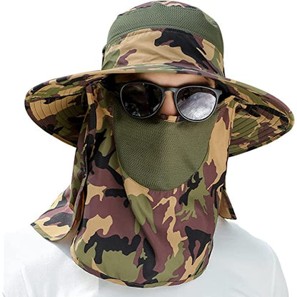 UPF 50+ Sun Fishing Hat for Men Women Wide Brim Hat with Detachable Face Cover & Neck Flap Khaki