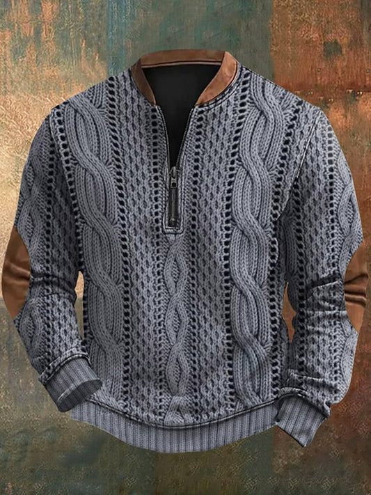 Men's Vintage Western Knit Print Zip-Neck Sweatshirt