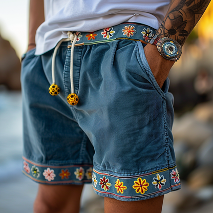 Retro Ethnic Style Geometric Patchwork Corduroy Shorts