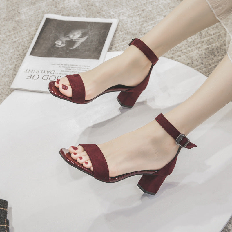 Elegant Plain Square Neck Ankle Strap Pin Buckle Heels