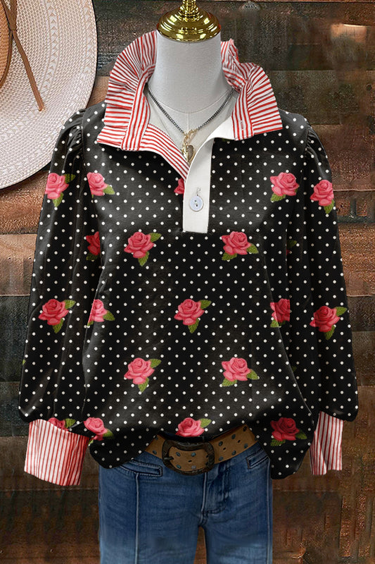 Sweet Rose Polka Dot Print Stripe Puff Sleeve Blouse