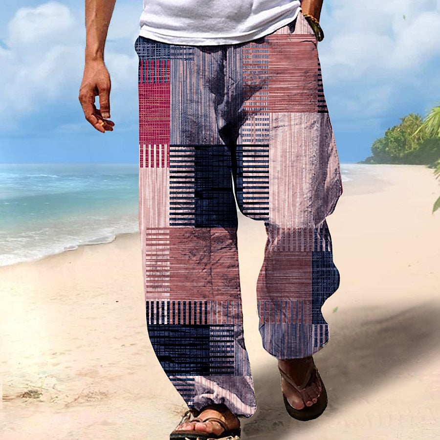 Men's Beach Drawstring Elastic Waist Geometric Print Pants