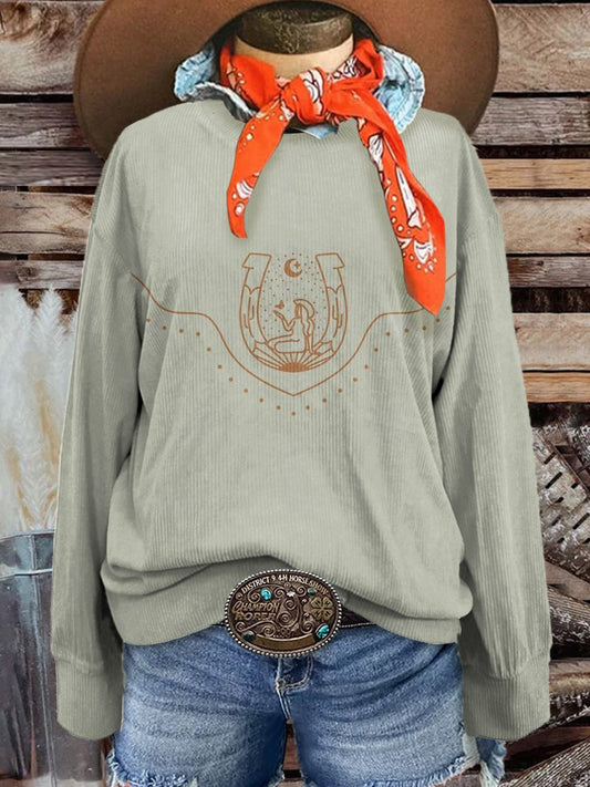 Women's Vintage Horseshoe Cowgirl Print Casual Corduroy Sweatshirt