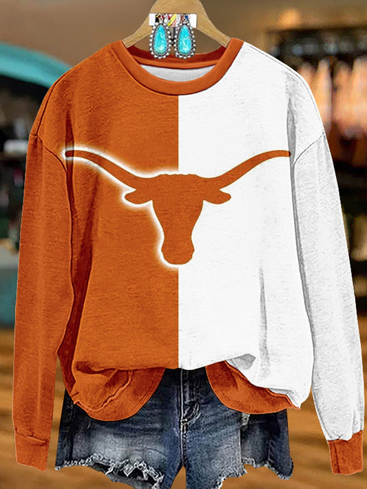 Orange Bull Head Print Casual Sweatshirt