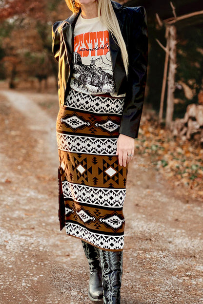 Trendy Aztec Printed Slit Knitted Skirt