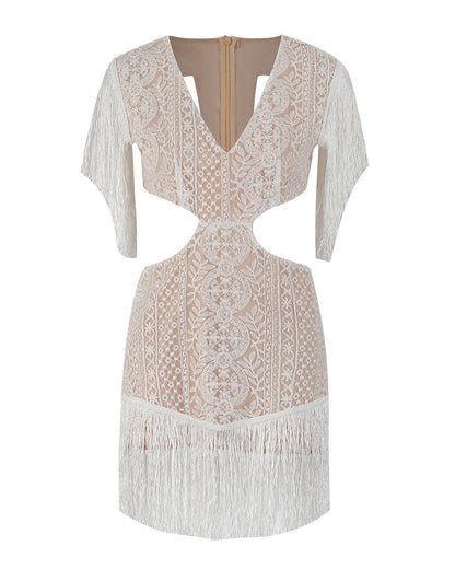 Lace Cutout Waist-Revealing Deep V-Neck Fringed Dress