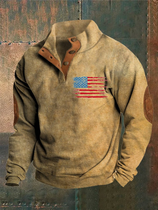 Men's Retro Flag Print Stand Collar Button Sweatshirt