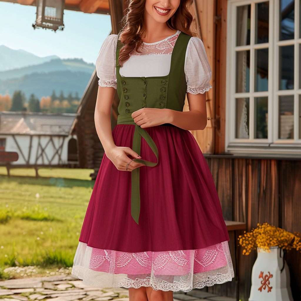 Women's Retro German Dress Oktoberfest Party High Waist Short Sleeve Dress