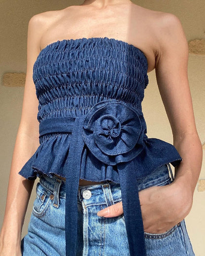 Retro Denim Floral Embellished Pleated Short Tube Top