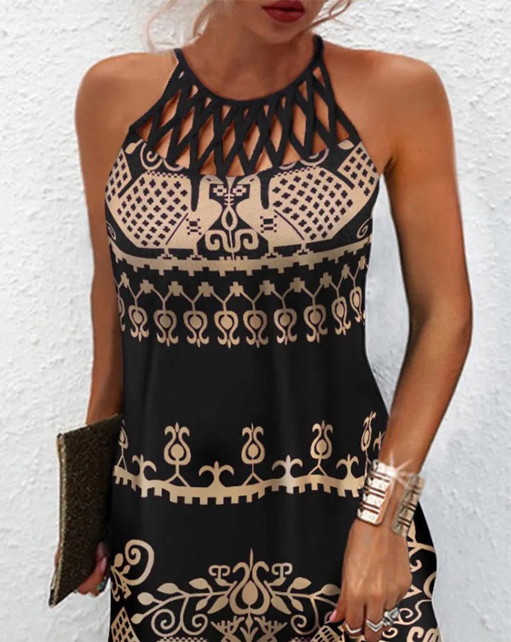 Tribal Print Hollow Out Cold Shoulder Dress