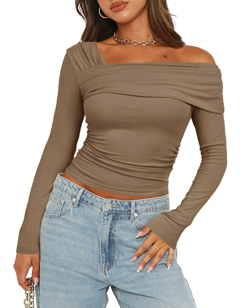 One-Shoulder Long-Sleeved Open-Back Gathered Top T-Shirt