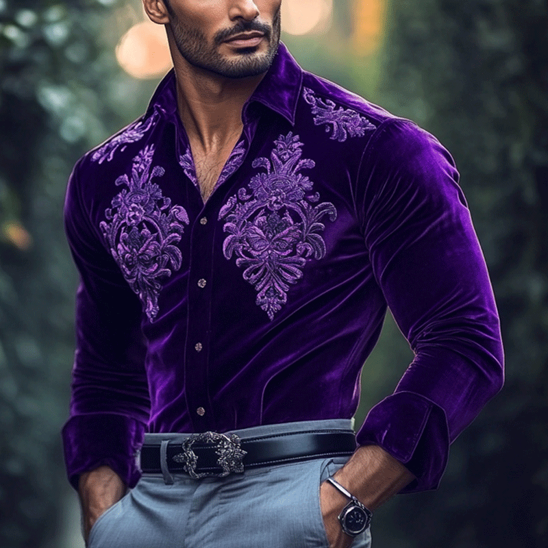 Men's Gentleman Regular Fit Crushed Flower Embroidery Purple Velvet Shirt