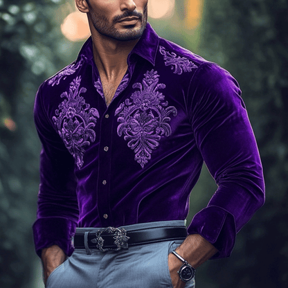 Men's Gentleman Regular Fit Crushed Flower Embroidery Purple Velvet Shirt