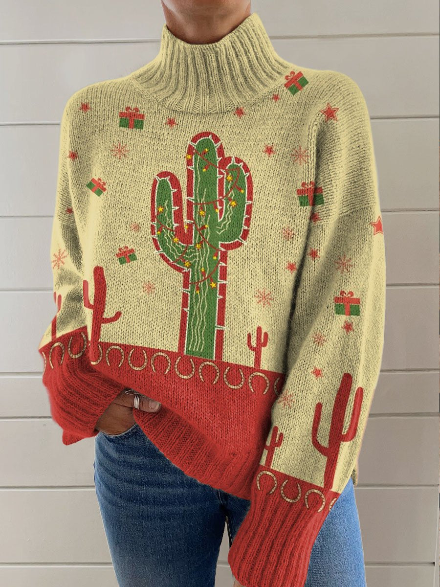 Christmas Cactus Printing Knit Turtleneck Pullover Sweater