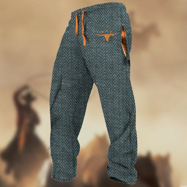 Men's Vintage Texas Longhorn Cow Skull Herringbone Fabric Texture Print Casual Sweatpants