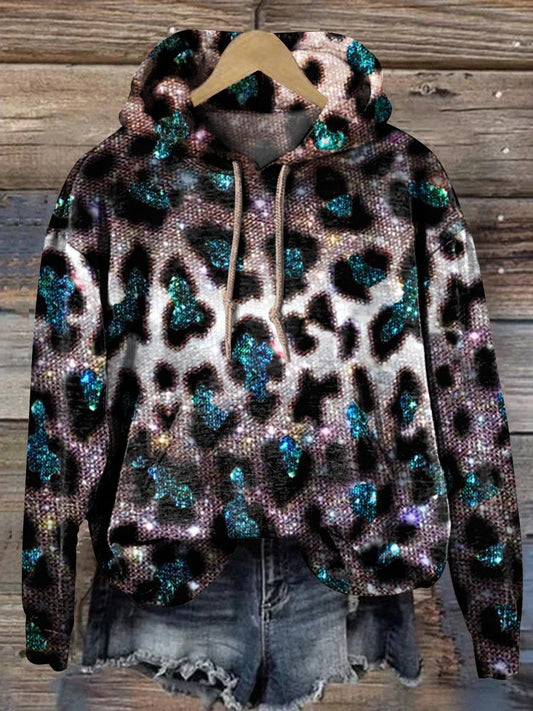 Elegant Leopard And Glitter Pattern Printed Casual Hoodie Sweatshirt