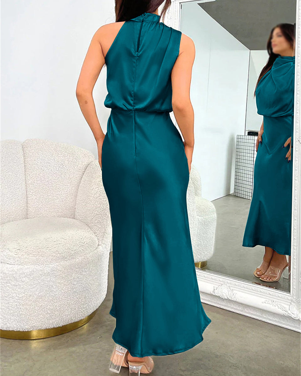 High-end Satin Sleeveless Dress Fashion Elegant Lady Light Evening Dress