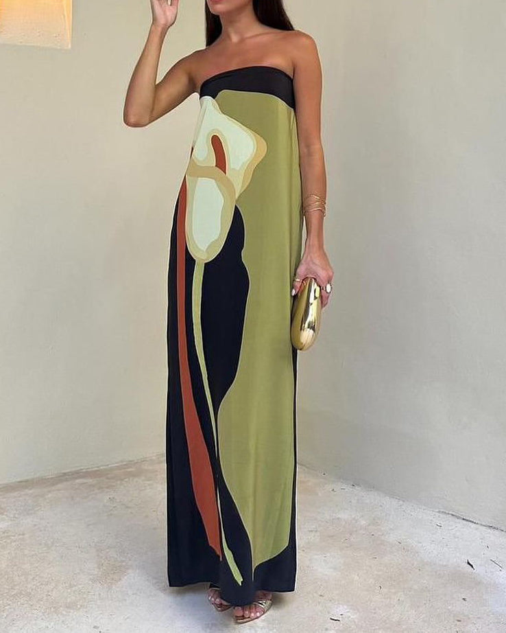 Backless Wrap Chest Printed Slim Sleeveless Long Dress