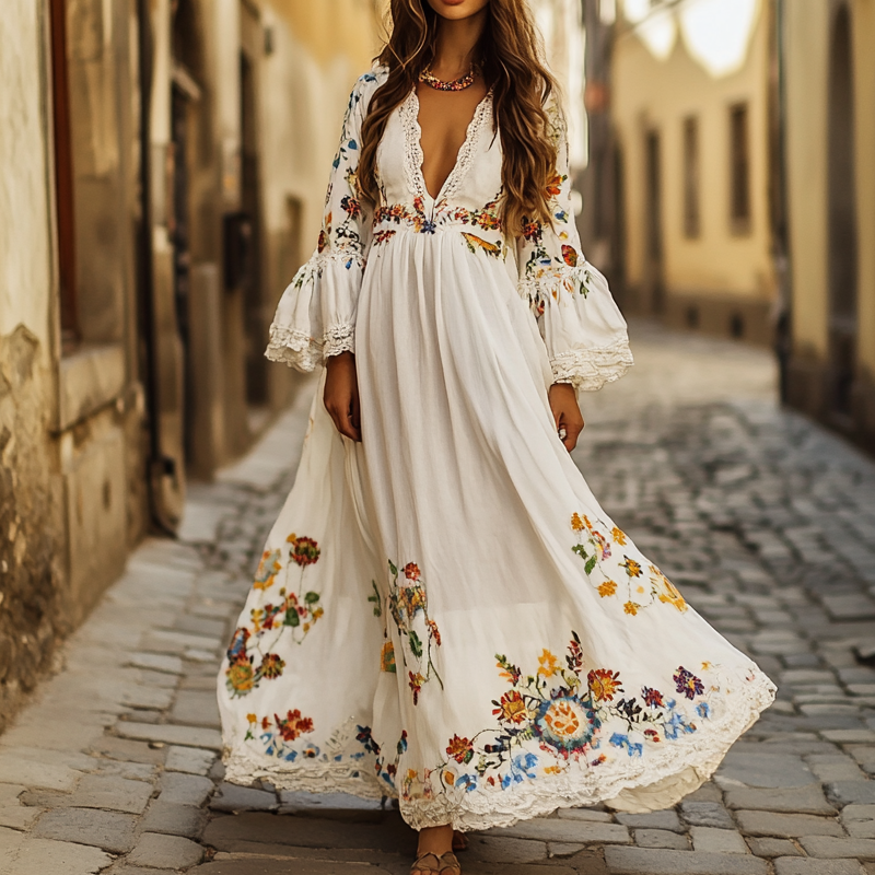 Women's Lace Splicing Neckline Outdoor Vacation Elegant Lady Bohemian Flower Embroidered V-neck Opening White Dress