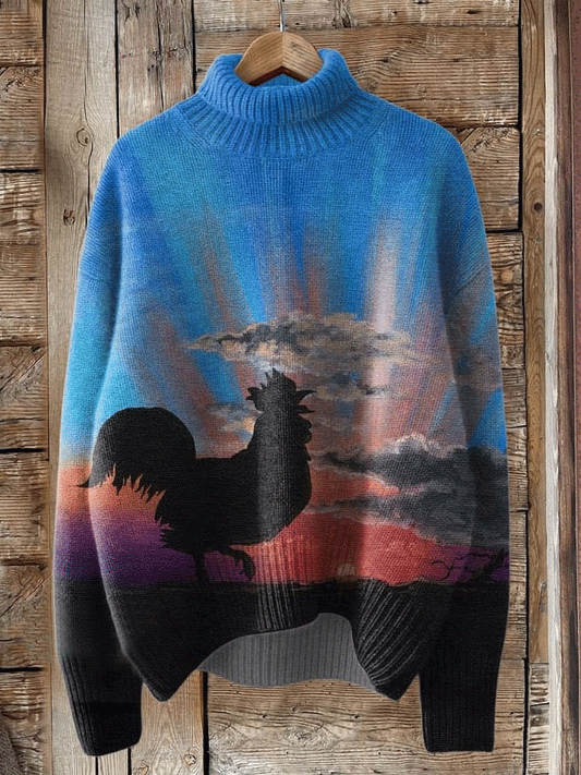 Vintage Print Knit Turtleneck Pullover Sweater