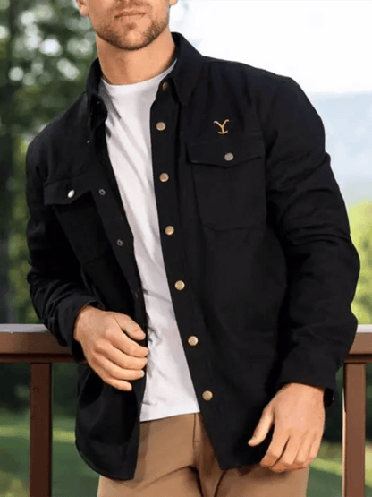 Men's Vintage Yellowstone Embroidery Western Cowboy Pocket Lapel Collar Outdoor Work Cargo Shirt Jacket