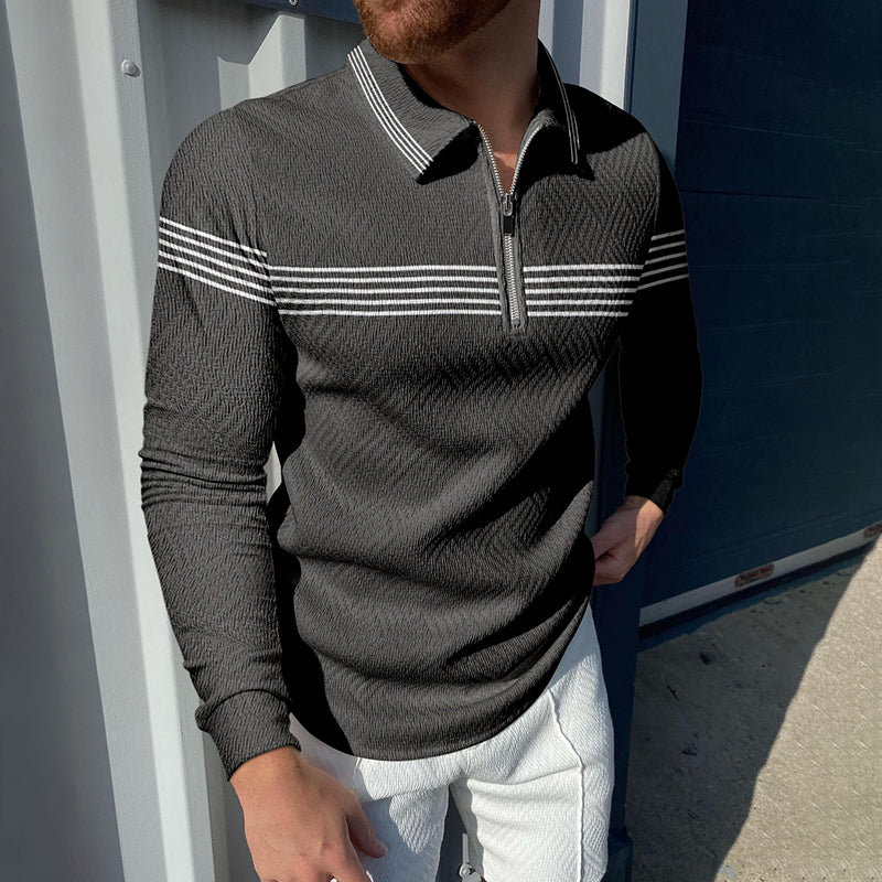 Men's casual light jacquard striped long sleeve polo shirt