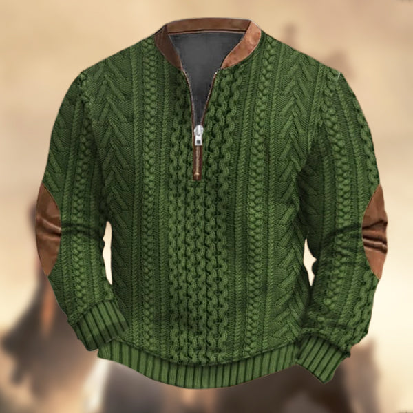 Men's Vintage Western Knit Print Zipper Stand Collar Casual Sweatshirt