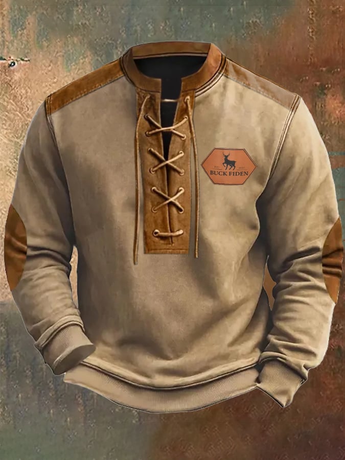 Men's Retro Western Colorblock Drawstring Elk Stand Collar Sweatshirt